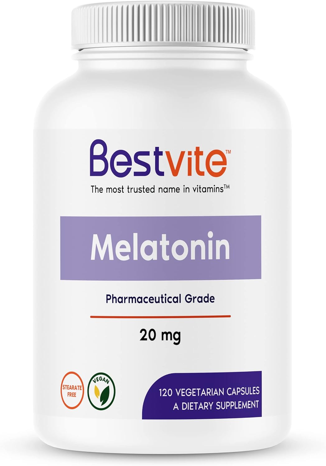 BESTVITE Melatonin 20 mg - 120 Veg Caps - No Stearates - No Sucralose, No Dextrose, No Silicon Dioxide, No Mannitol - Vegan - Non-GMO - Gluten-Free