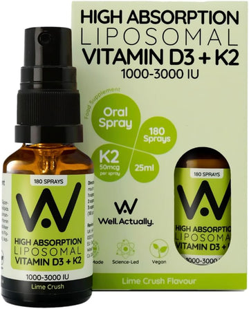 Well Actually Liposomal Vitamin D3 + K2 Spray - High Bioavailability - High Absorption Vegan Vitamin D3 2000 Iu & Vitamin K2-7 100Mcg As Menaquinone-7 Mk-7 - Lime Crush (180 Sprays)