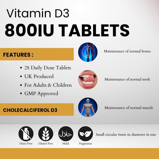 Sunvit-D3 Vitamin D 800Iu Tablets - Cholecalciferol Vitamin D Tablets Support The Maintenance Of Bone, Teeth, Muscle & Immune System | Made In Uk & Gmp Approved - D3 Vitamins 28 Convenient Tablets