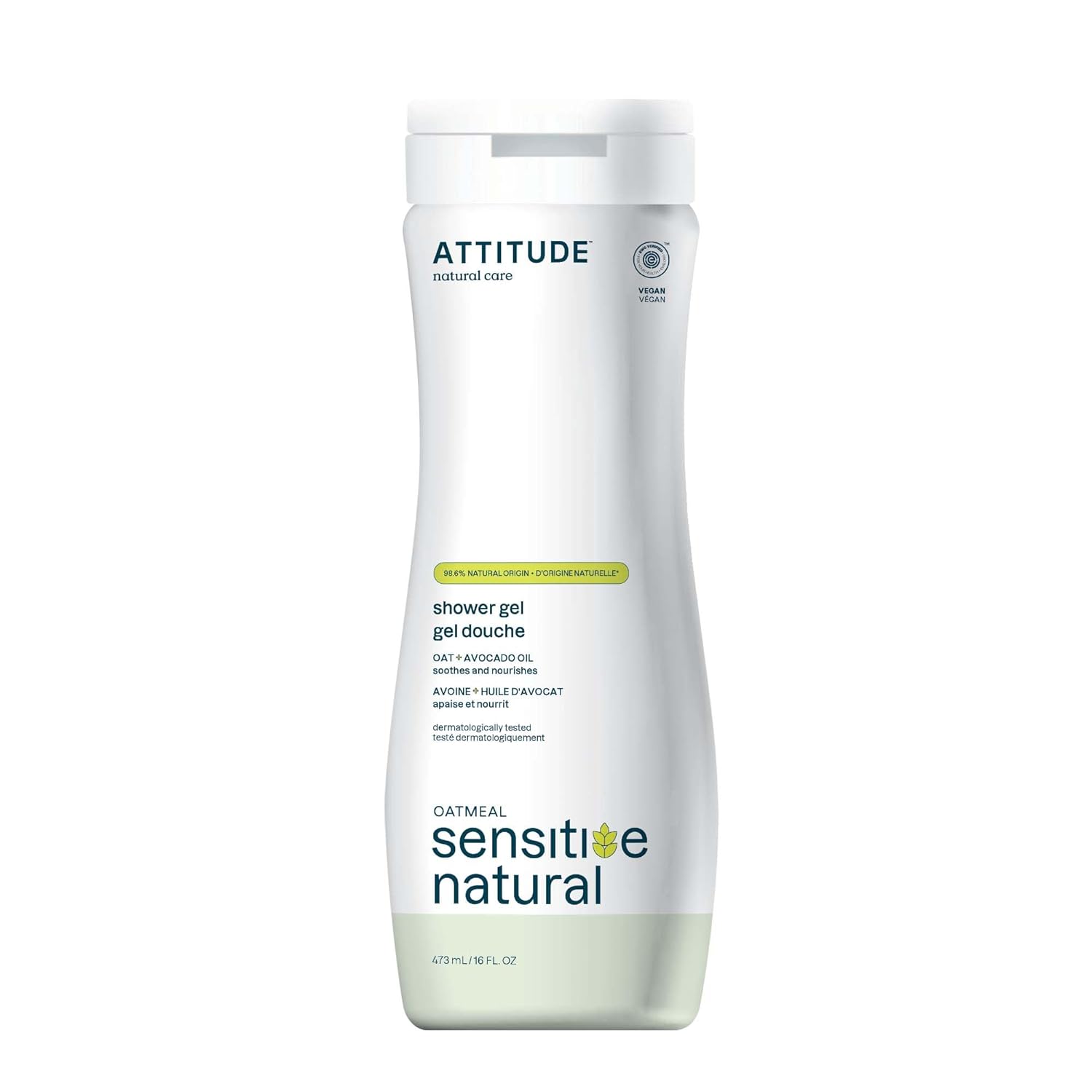 ATTITUDE Body Wash for Sensitive Skin with Oat and Avocado Oil, EWG Verified, Dermatologically Tested, Vegan, 16 Fl Oz