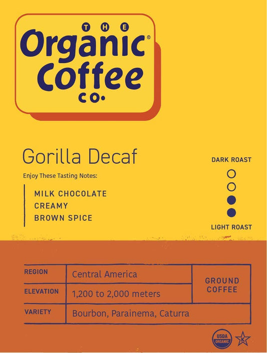 The Organic Coffee Co. Ground Coffee - Gorilla Decaf (12oz Bag), Medium Roast, Swiss Water Processed, USDA Organic