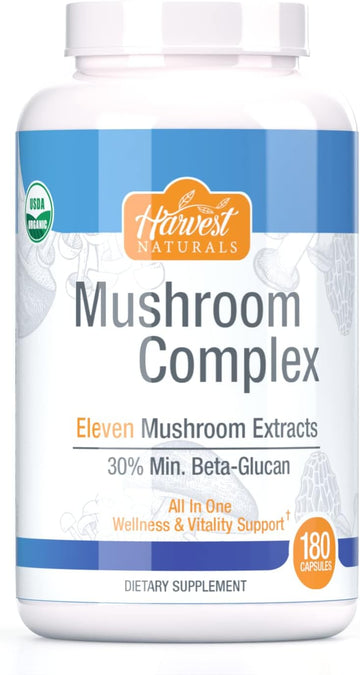 HARVEST NATURALS Mushroom Complex Capsules - 11 Mushroom Extracts 30% Min. Beta-Glucan - 180 Count