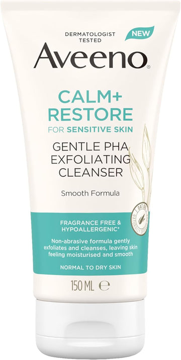 Aveeno Face Calm+Restore Gentle Pha Exfoliating Cleanser (1X 150Ml), With Oat Oil And Naturally Derived Pha, Face Cleanser For Sensitive Skin, Exfoliator Gentle Enough For Daily Use
