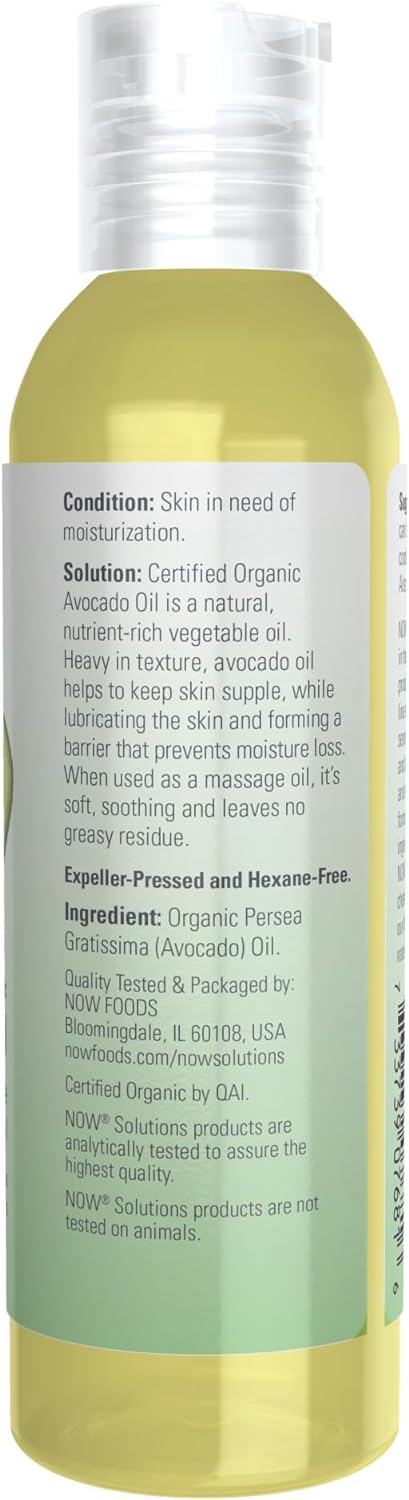 NOW Solutions, Organic Avocado Oil, 100% Pure Moisturizing Oil, Nutrient Rich and Hydrating, 4-Ounce