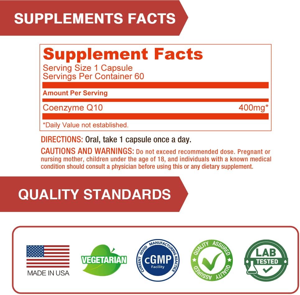 Lovita Coq10 400Mg Supplements | Easliy Absorbed Coenzyme Q10 Powder | Antioxidant Co Q10 Enzyme | Support Heart Health | Vegan | 60 Capsules : Health & Household