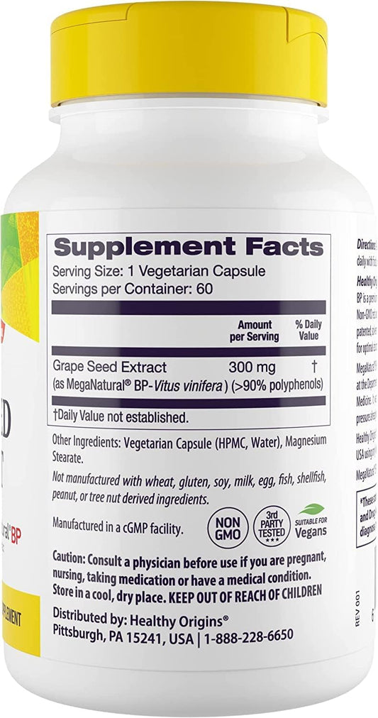 Healthy Origins MegaNatural BP-Grape Seed Extract, 300 mg - Blood Flow Support - Premium Grapeseed Extract Capsules - Non-GMO & Gluten-Free Supplement - 60 Veggie Capsules
