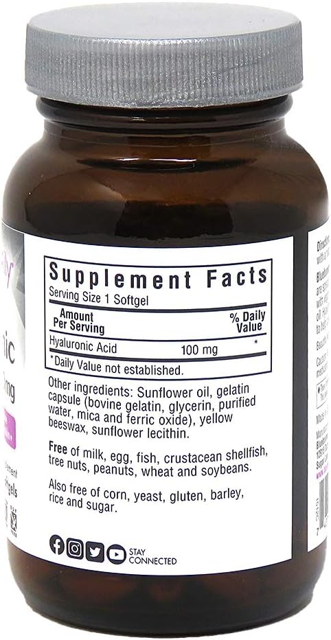 Bluebonnet Nutrition Beautiful Ally Hyaluronic Acid 100Mg, Nurture Radiant Skin*, Non-Gmo, Gluten-Free, Soy-Free, 90 Softgels, 90 Servings