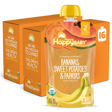 Happy Baby Organic Clearly Crafted Stage 2 Baby Food Bananas, Sweet Potatoes & Papayas, 4 Pouch (Pack Of 16), Banana Sweet Potato Yellow Papaya, 64 Oz