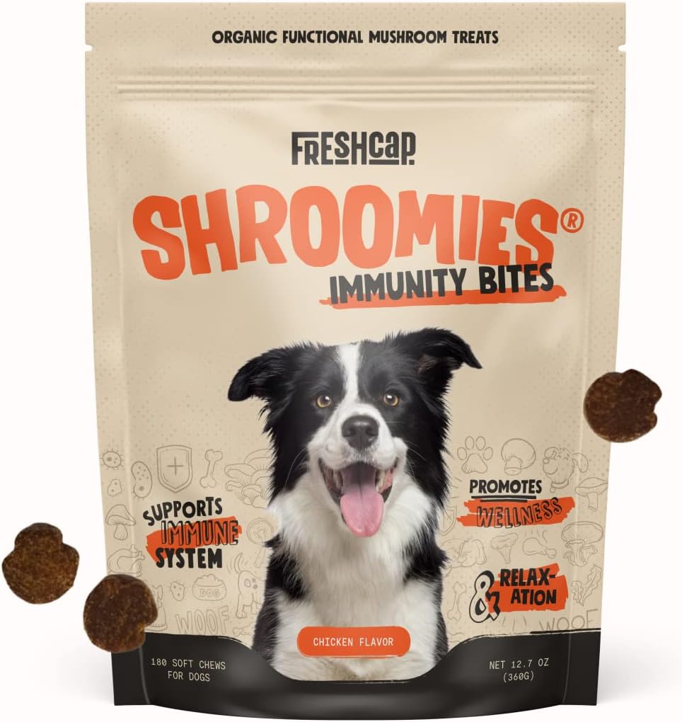 FreshCap Shroomies - Organic Mushroom Complex for Dogs - Turkey Tail, Lions Mane - DHA, EPA, Turmeric and Kelp - 180 Soft Chews - Immunity, Cognitive Support and Joint Health
