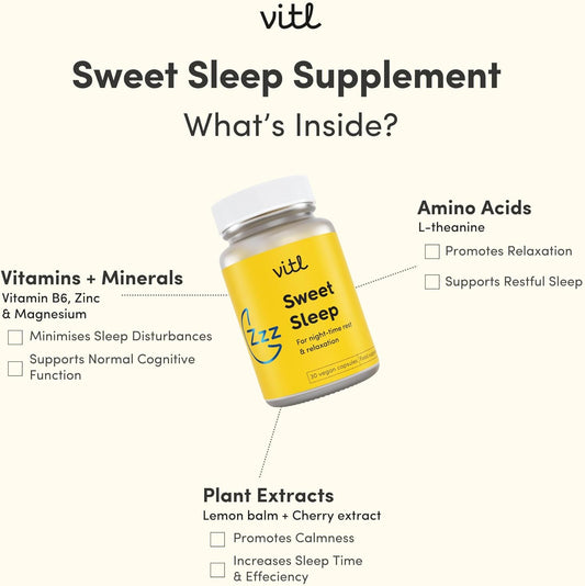 Vitl Sweet Sleep Supplement - 30 Vegan Capsules - A Blend Of Vitamins, Minerals, Plant Extracts & Amino Acids To Promote More Restful Sleep - Lemon Balm, Cherry Extract, Vitamin B6, Zinc & Magnesium