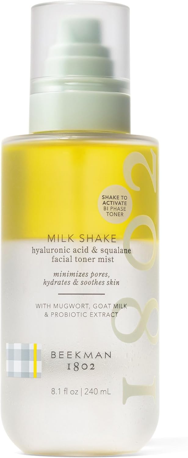 Beekman 1802 Milk Shake Hydrating Face Mist - Hyaluronic Acid & Squalane Facial Mist Minimizes Pores & Gently Moisturizes - Goat Milk Skin Toner Spray - Lightweight, Fragrance-Free Travel Toner