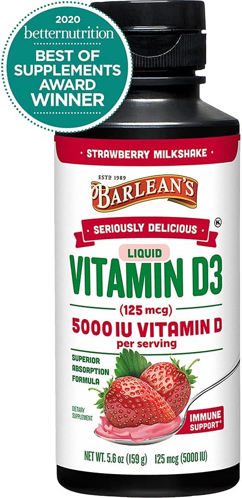 Barlean's Seriously Delicious Vitamin D3 Strawberry Milkshake –125 mcg (5000 IUs) - Dairy-Free, Sugar-Free, Non-GMO, Gluten-Free - 5.