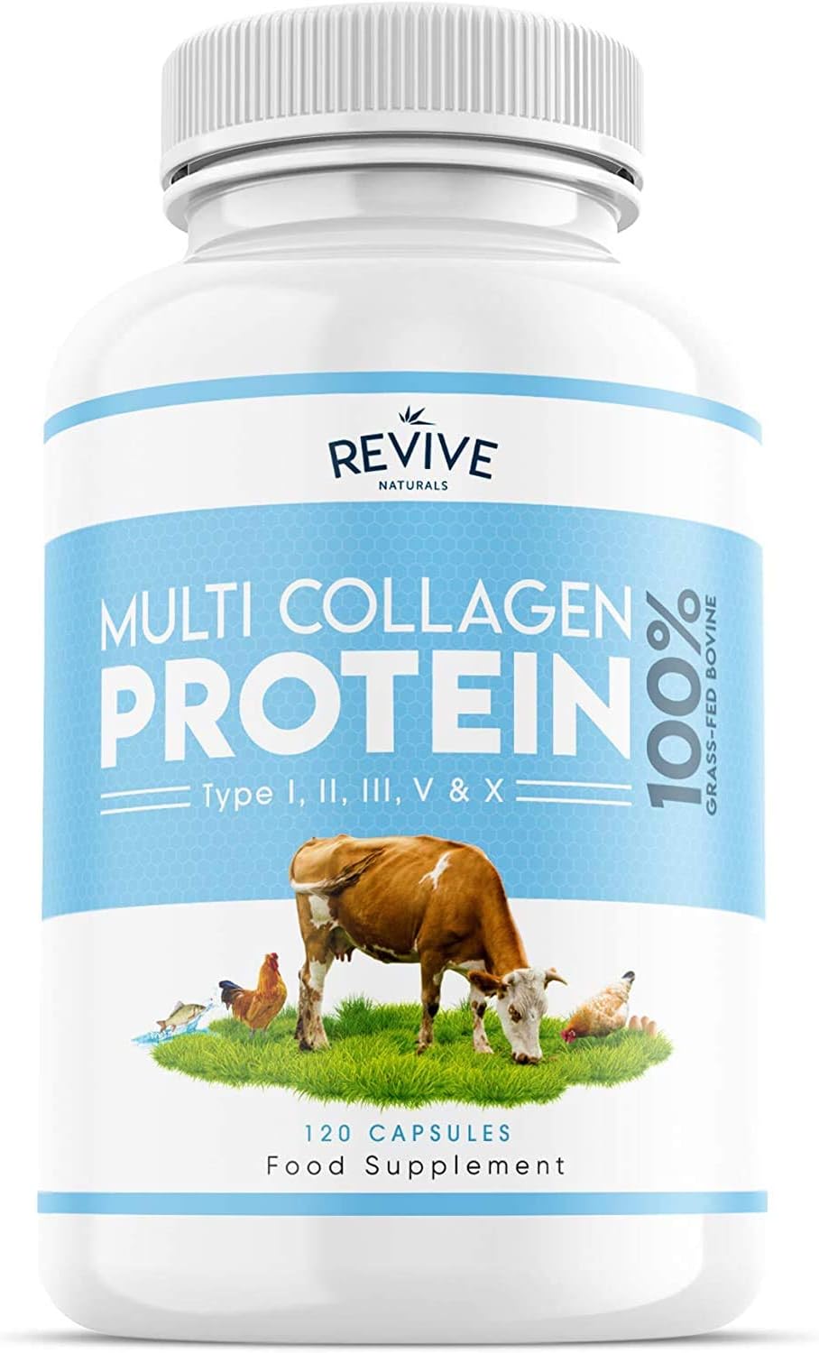 Revive Naturals Multi Collagen Protein Capsules - Types I, Ii, Iii, V & X - Hydrolysed Grass Fed Bovine, Wild Caught Marine & Free-Range Chicken, Made With Hyaluronic Acid & Vitamin C, 120 Caps
