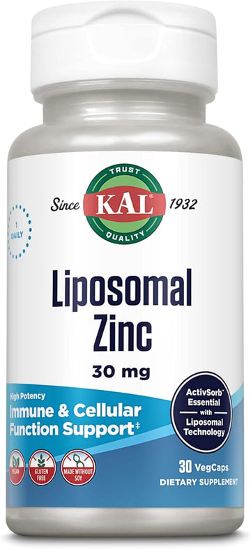 Kal Liposomal Zinc 30Mg, Cellular Function And Immune Support Supplement, Enhanced Absorption Zinc Supplements, Vegan, Gluten Free, Soy Free, 30 Servings, 30 Vegcaps