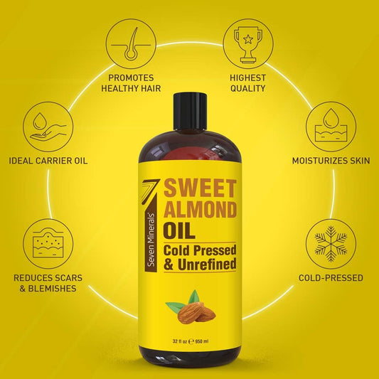Seven Minerals, Pure Cold Pressed Sweet Almond Oil - Big 32 Fl Oz Bottle - Unrefined &100% Natural - For Skin & Hair, With No Added Ingredients - Perfect Carrier Oil For Essential Oils