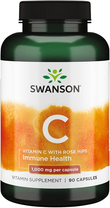 Swanson Vitamin C W/Rose Hips - Herbal Supplement Promoting Skin Health, Heart Health & Immune System Support - Natural Formula Promoting Protection & Wellness - (90 Capsules, 1000Mg Each)