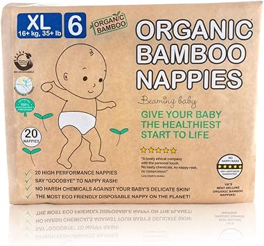 Beaming Baby Organic Bamboo Eco Nappies Xl Size 6 (16+ Kg + / 35+ Lb) - 20 In Pack. Biodegradable, Hypoallergenic, No Nappy Rash, Recyclable Paper Packaging