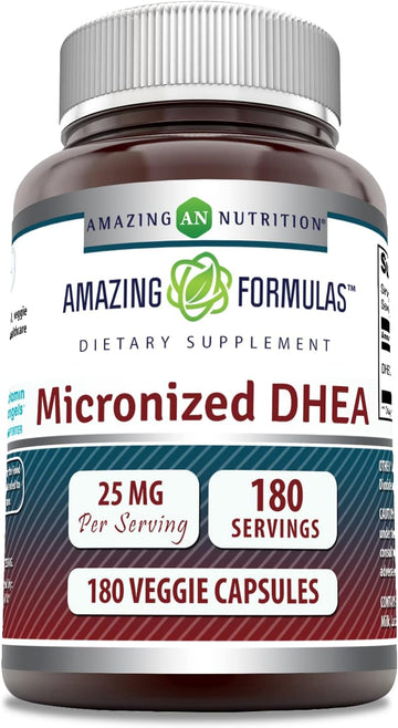 Amazing Formulas Micronized DHEA 25mg 180 Veggie Capsules Supplement | Non-GMO | Gluten Free | Made in USA | Ideal for Vegetarians | Dehydroepiandrosterone Capsules for Men & Women (1 Pack)