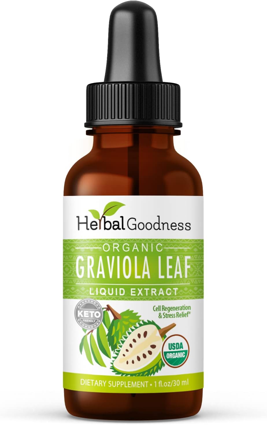 Graviola Soursop Leaf Extract Liquid - Cell Support & Regeneration, Immune Boost, Soursop Bitters (Guanabana) Leaves USDA Organic Kosher - 15x Strength - 1oz Herbal Goodness