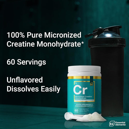 Essential Elements Monohydrate Creatine Powder For Women And Men - Micronized Creatine Instantized - Unflavored Pure Creatine Powder Supplements - 60 Servings