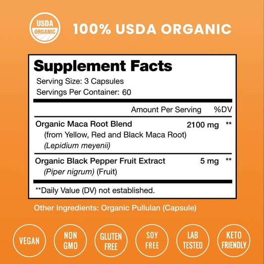 Organic Maca Root Capsules - 2100MG Peruvian Gelatinized with Black Pepper for Energy, Mood, and Reproduction - 180 Vegan Capsules