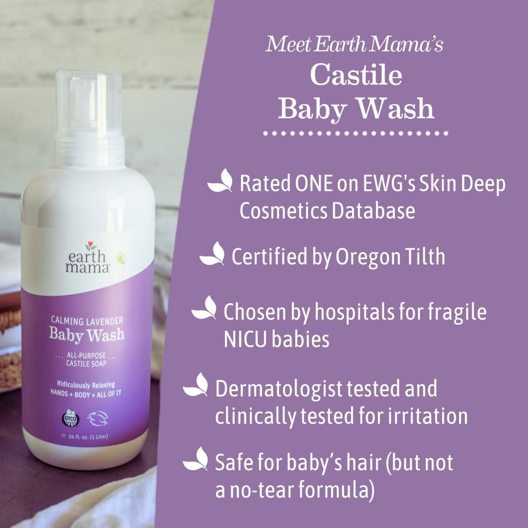 Earth Mama Calming Lavender Baby Wash Liquid Foaming Hand Soap Set, Organic All-Purpose Lavender Body Wash for Sensitive Skin, Castile Soap Coconut Oil, Calendula, & Aloe, 5.3Fl Oz & Liter Refill : Baby