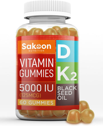 Sakoon nutrition 5000 IU Vitamin D3 K2 Vitamin Supplement with Black Seed Oil for Bone, Teeth, Muscle, and Immune Defense Support, Non-GMO and Gluten Free, 60 Gummy Chewables