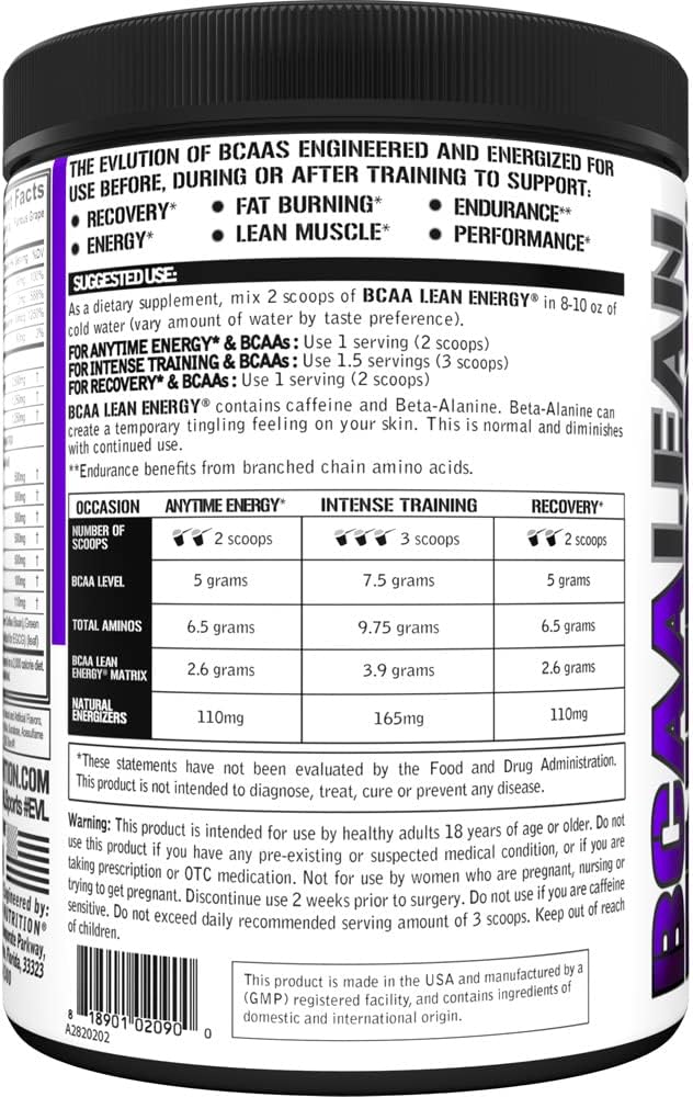 EVL BCAA Lean Energy Powder - Pre Workout Green Tea Fat Burner Support with BCAAs Amino Acids and Clean Energizers - BCAA Powder Post Workout Recovery Drink for Lean Muscle Recovery - Furious Grape : Health & Household