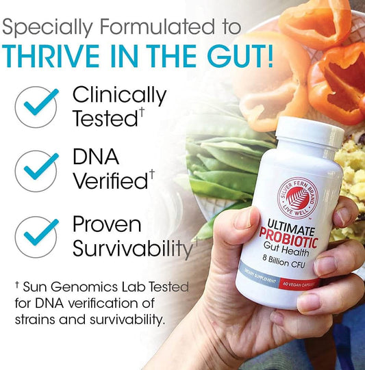 Silver Fern Brand Gut Health Tune Up Kit - Multi Function Ultimate Probiotic (1 Bottle - 60 Capsules) & Digestive Enzyme (1 Bottle = 90 Capsules) Helps Digestive Health, Mood, Reduce Cravings