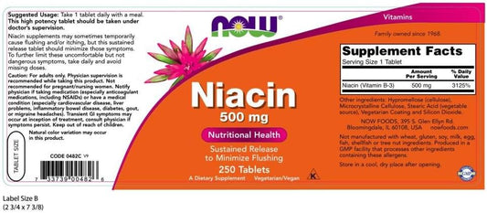 NOW Supplements, Niacin (Vitamin B-3) 500 mg, Sustained Release, Nutritional Health, 250 Tablets