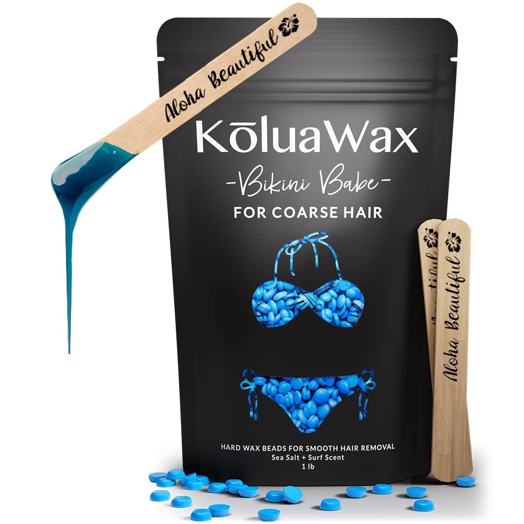 Koluawax Hard Wax Beads For Hair Removal – Coarse Hair Formula – Face, Brazilian, Underarms, Back Chest, Bikini Waxing – Sea Salt & Surf, 1Lb Refill For Wax Warmers & 10 Large Applicator Sticks