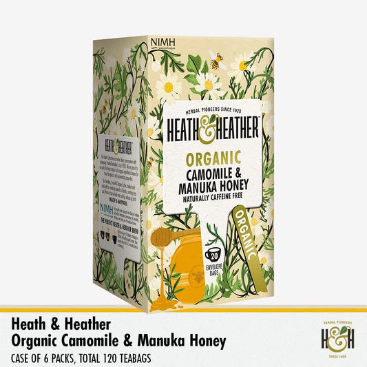 Heath & Heather Organic Camomile And Manuka Honey Teabags (6 Packs Of 20, Total 120) Individually Wrapped Caffeine-Free Herbal Tea Infusions