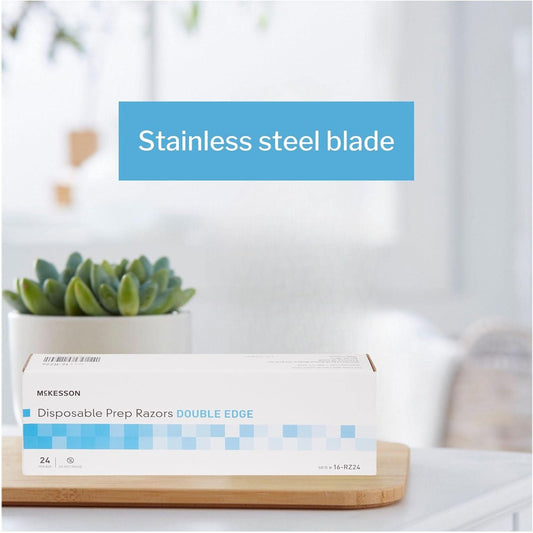 Mckesson Disposable Razors [24 Count] Prep Shaving Razor, Single Blade Double Edge, Stainless Steel Blade, For Men And Women, Bulk, Blue