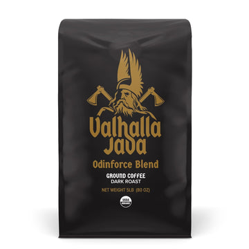 Death Wish Coffee Co. Valhalla Java Dark Roast Grounds - Extra Kick Of Caffeine - 5 Lb. - Bold & Intense Blend Of Arabica Robusta Beans - Usda Organic Ground Coffee - Strong Coffee For Morning Boost
