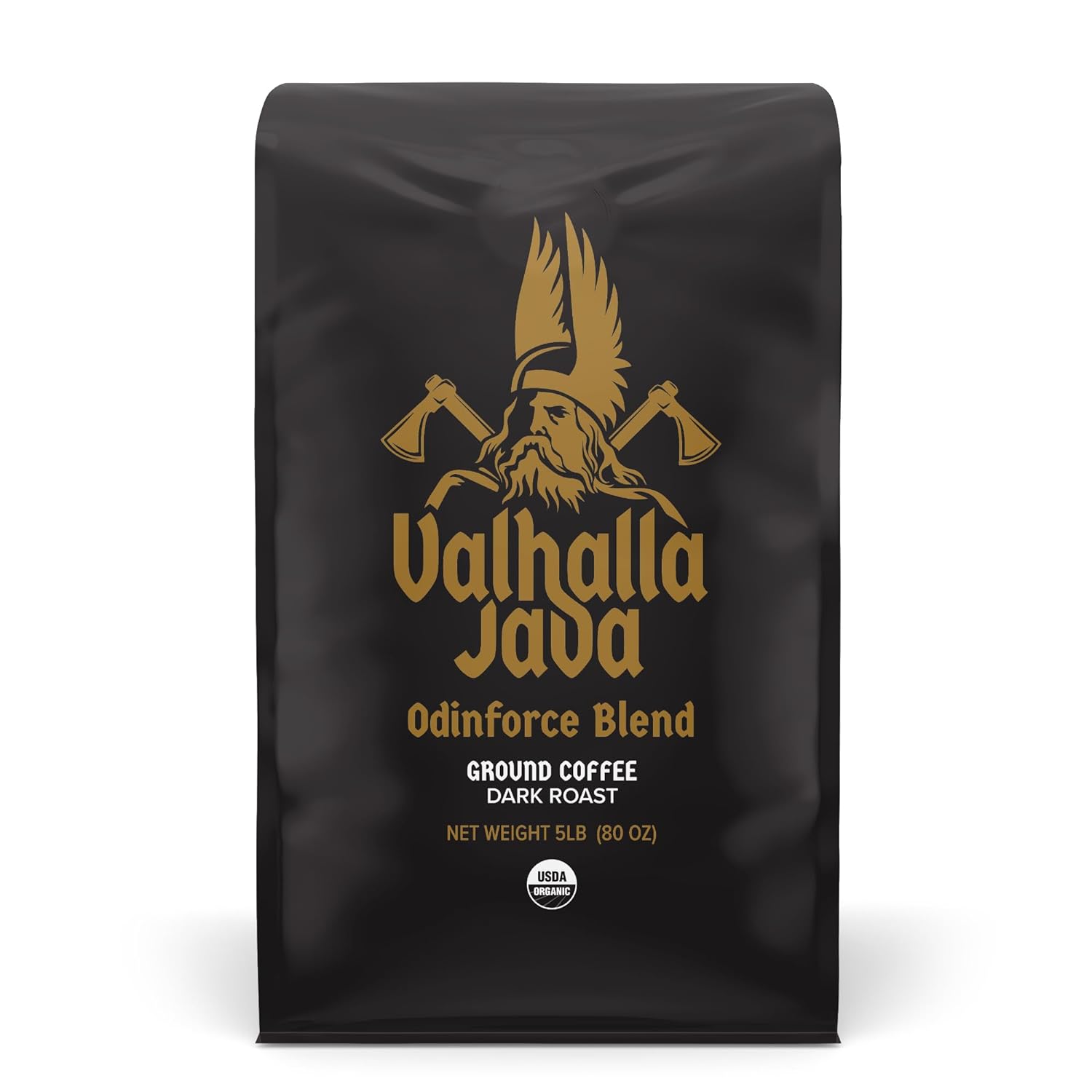 Death Wish Coffee Co. Valhalla Java Dark Roast Grounds - Extra Kick of Caffeine - 5 Lb. - Bold & Intense Blend of Arabica Robusta Beans - USDA Organic Ground Coffee - Strong Coffee for Morning Boost