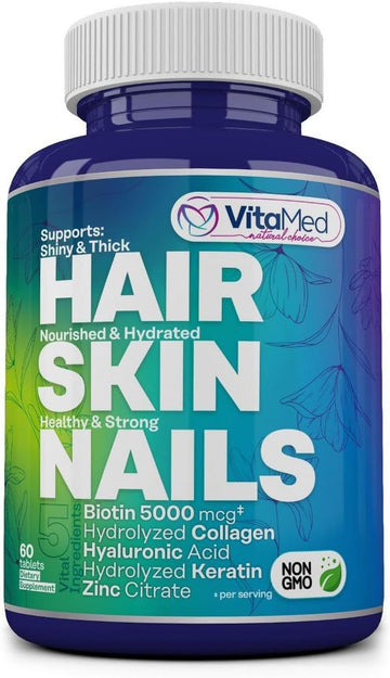 Hair, Skin & Nails – Biotin 5000 Mcg, Collagen, Optimsm, Keratin, Hyaluronic Acid & Silica | Supports Hair Growth, Radiant Skin, Strong Nails | Halal, Non-Gmo, Gluten-Free – 180 Beauty Tablets