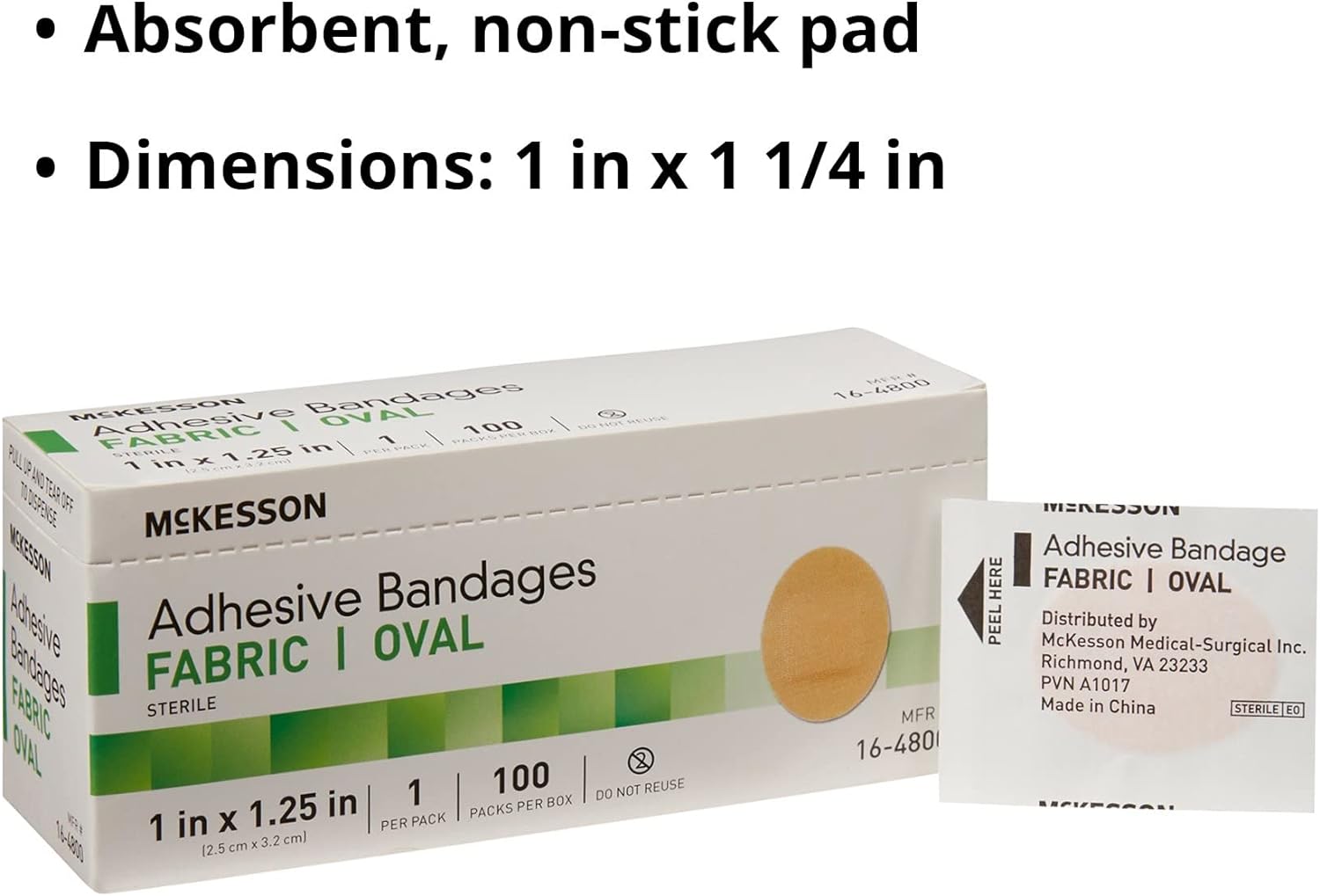 McKesson Adhesive Bandages, Sterile, Fabric Oval, 1 in x 1 1/4 in, 100 Count, 24 Packs, 2400 Total