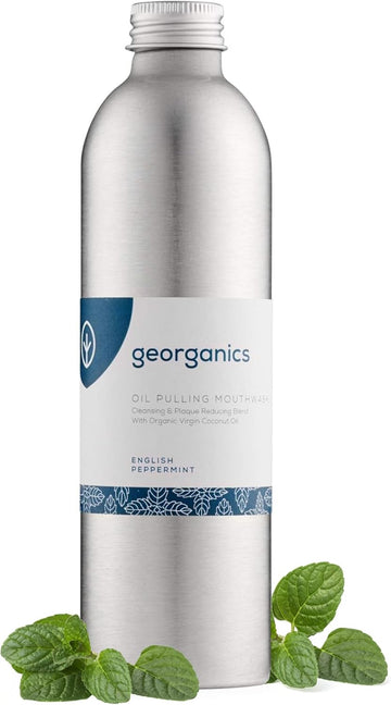 Georganics Whitening Oil Pulling Mouthwash - Peppermint - Plaque-Reducing Coconut Oil Blend - 100% Natural Ingredients - Sls, Glycerine & Fluoride Free - Cosmos Organic, Vegan, Cruelty-Free - 275Ml