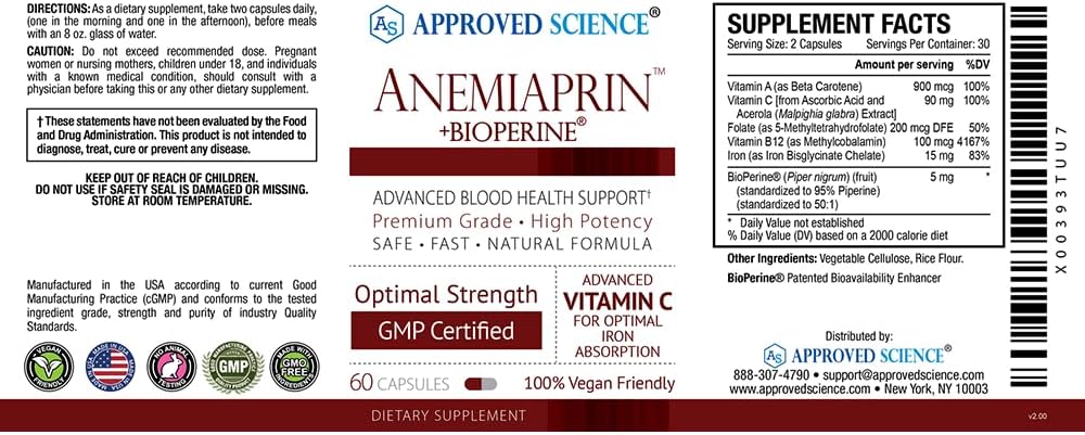 Approved Science Anemiaprin - Absorbable Iron, Vitamin C - Gentle On Stomach - 60 Capsules - 1 Month Supply - Non-GMO, Vegan : Health & Household