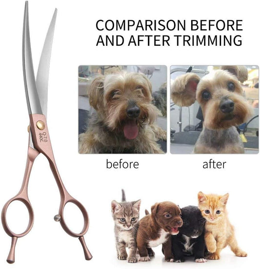 Fenice Peak Professional Curved Dog Grooming Scissors 7'' Rose Gold 440C Stainless Steel Pet Cutting Shears Safety Trimming Shearing for Dogs Cats