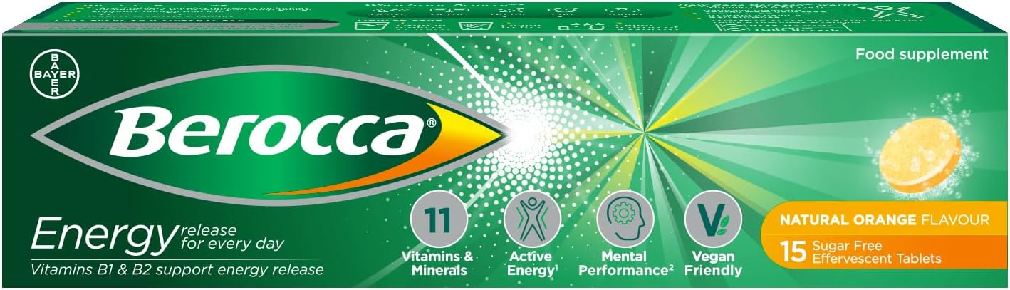 Berocca Vitamin C Effervescent Tablets, With Magnesium, Vitamin B12 And Vitamin B Complex (B1, B2, B3, B5, B6, B7, B9 And B12), Orange Flavour Tablets, 15 Tablets