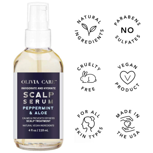 Peppermint & Aloe Hair Scalp Serum By Olivia Care - Natural & Vegan Ingredients - Invigorate, Soothe, Calm, Hydrating Scalp Treatment - Prevent Dryness - 4 Fl Oz