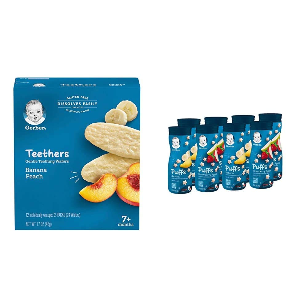 Gerber Baby Teething Snacks And Puffs Variety Pack (8 Pack) | Gentle Teething Wafers With Banana Peach And Strawberry Apple & Banana Puffs