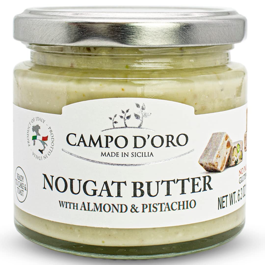 Pistachio And Almond Nougat Butter, Spreadable Pistachio And Almond Torrone Cream, Crema Di Torroncino, (6.35Oz - 180 G). Product Of Italy, Made In Sicily. Non-Gmo, Gluten Free, Palm Oil Free, Campo D'Oro