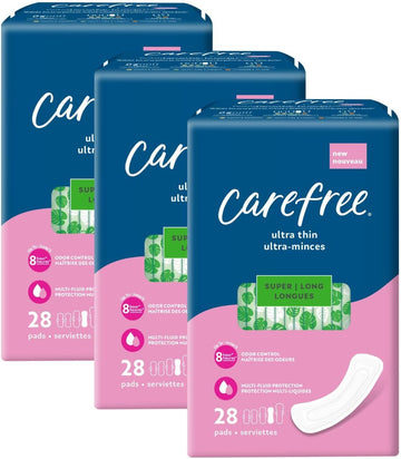 Carefree Ultra Thin Pads, Super/Long Pads Without Wings, 28ct (Pack of 3)