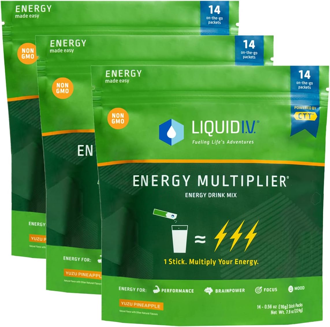 Liquid I.V. Hydration + Energy Multiplier - Yuzu Pineapple - Hydration Powder Packets | Electrolyte Powder Drink Mix | Easy Open Single-Serving Servings | Non-Gmo | 3 Pack (42 Servings)
