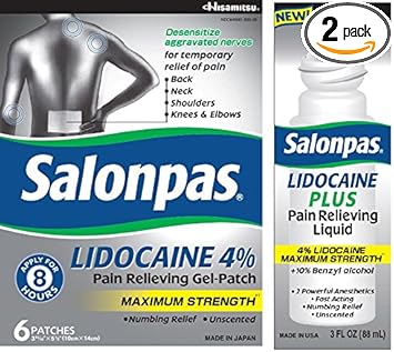 Salonpas LIDOCAINE Gel-Patch and LIDOCAINE PLUS 3 oz ROLL ON Pain Relieving Liquid! BUNDLE PACK : Health & Household