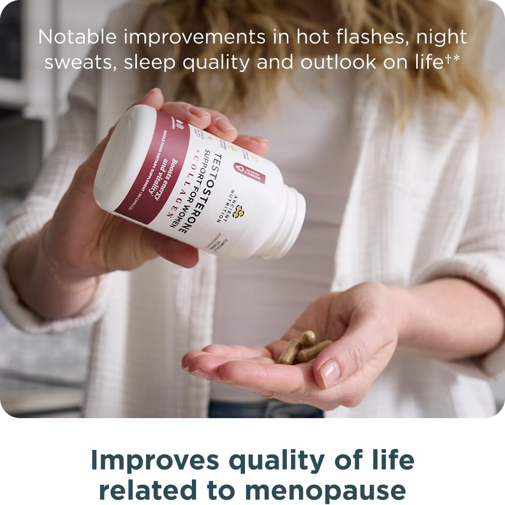 Ancient Nutrition Testosterone Support + Collagen Supplement, Hydrolyzed Collagen Peptides, Key Clinically Studied Superfoods Support Female Hormone Balance & Healthy Testosterone Levels, 90 Capsules : Health & Household