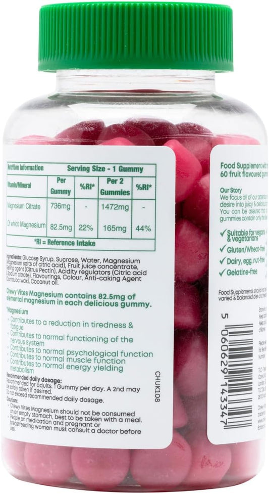 Chewy Vites Adult Gummies Magnesium Citrate 736Mg Offering 82.5Mg Of Elemental Magnesium, 60 Vitamin Gummies, 2 Months Supply, Real Fruit Juice, Vegan, Berries Flavour