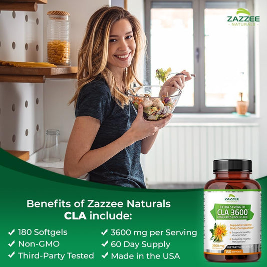 Zazzee High Potency Cla 3600, 180 Softgels, 3600 Mg Per Serving, Conjugated Linoleic Acid From Safflower Oil, Concentrated And Standardized, 60 Day Supply, Non-Gmo And Made In The Usa